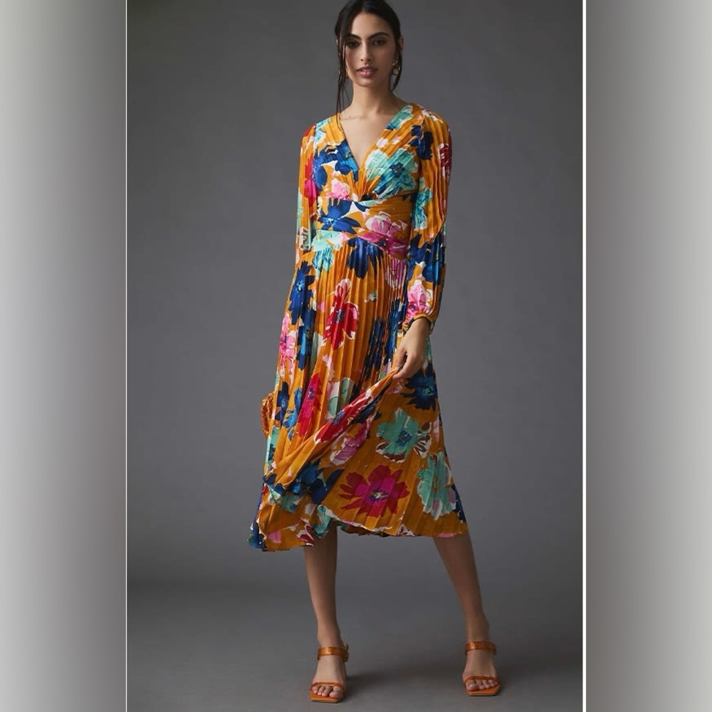Anthropologie Maeve Orange Floral Pleated Long Sleeve Midi Dress